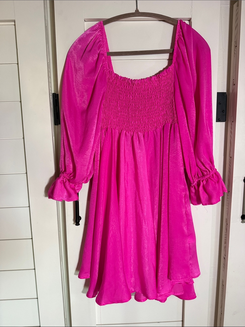 BUCKETLIST Hot Pink Smocked Mini Dress with Puff Sleeves